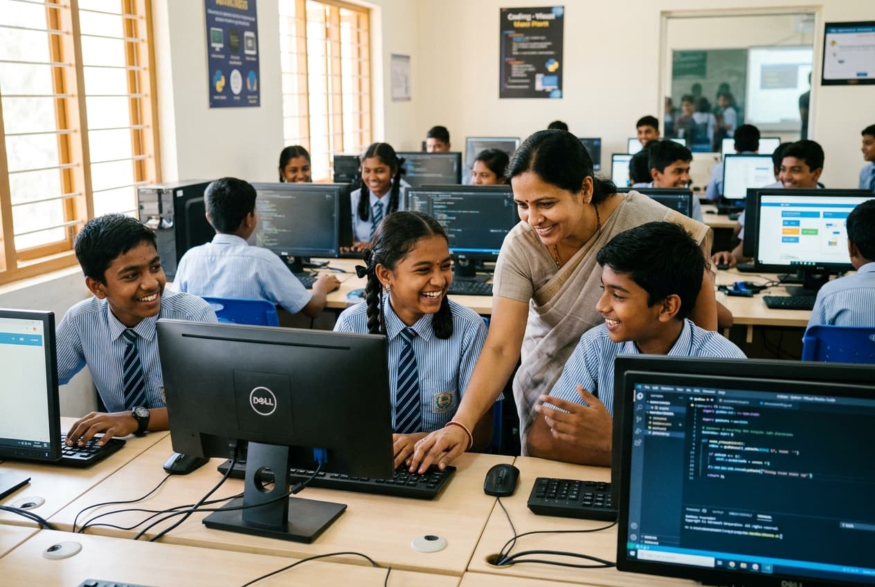 Students learning digital literacy and computer skills in Chamak Foundation tech lab